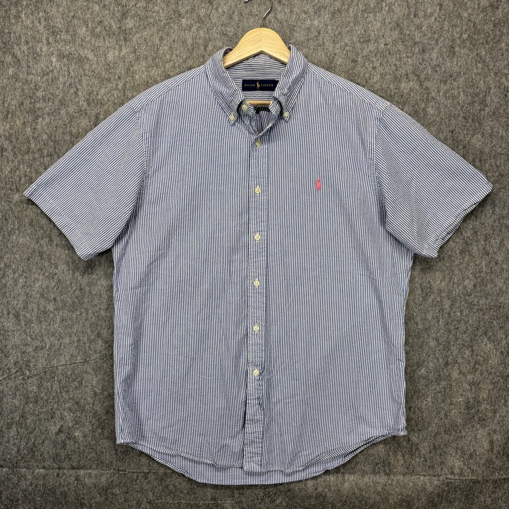 Polo Ralph Lauren Button Down Seersucker Shirt Mens Large Short Sleeve Blue Prep